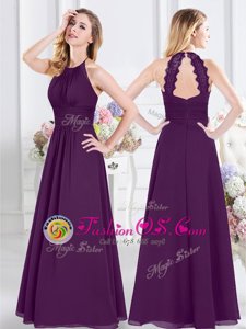 Graceful Halter Top Purple Empire Ruching Bridesmaids Dress Zipper Chiffon Sleeveless Floor Length