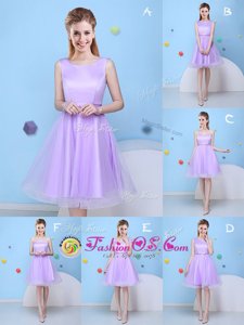Cheap Scoop Lavender Tulle Lace Up Bridesmaids Dress Sleeveless Knee Length Bowknot