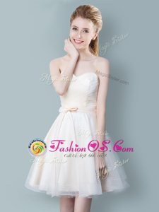 Exquisite Champagne Tulle Zipper Sweetheart Sleeveless Knee Length Dama Dress Ruching and Bowknot