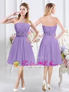 Lavender A-line Strapless Sleeveless Chiffon Knee Length Zipper Ruching and Hand Made Flower Bridesmaid Dresses