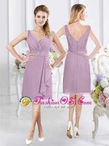 Wonderful Chiffon V-neck Sleeveless Zipper Ruching Court Dresses for Sweet 16 in Lavender