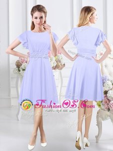 Deluxe Scoop Lavender Short Sleeves Chiffon Side Zipper Court Dresses for Sweet 16 for Prom and Party and Wedding Party