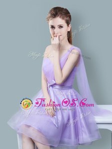 High End One Shoulder Sleeveless Tulle Knee Length Zipper Bridesmaid Gown in Lavender for with Ruching and Bowknot