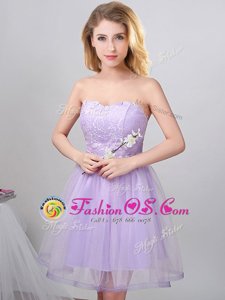 Lavender A-line Tulle Sweetheart Sleeveless Beading Knee Length Lace Up Bridesmaid Dress