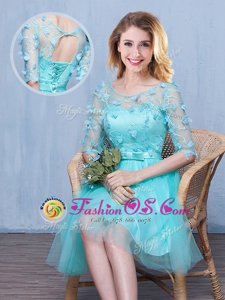 Scoop Knee Length Aqua Blue Dama Dress for Quinceanera Tulle Half Sleeves Lace and Appliques and Bowknot