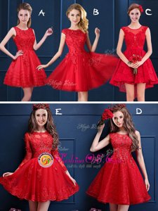 Unique Scoop Red Lace Up Vestidos de Damas Lace and Appliques Sleeveless Mini Length