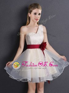 Dramatic Champagne Organza Lace Up One Shoulder Sleeveless Mini Length Vestidos de Damas Lace and Hand Made Flower