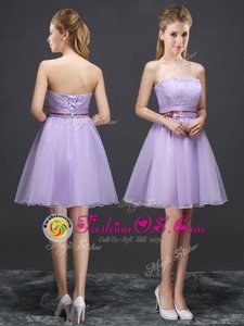 Best Selling Lavender A-line Lace and Belt Quinceanera Court of Honor Dress Lace Up Organza Sleeveless Mini Length