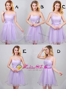 Best Selling Off the Shoulder Lace and Appliques and Belt Bridesmaids Dress Lavender Lace Up Sleeveless Mini Length