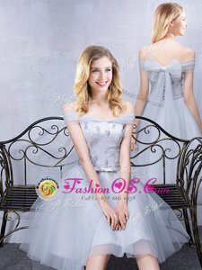 Charming Off the Shoulder Short Sleeves Sleeveless Lace Up Knee Length Lace and Appliques and Belt Quinceanera Dama Dress