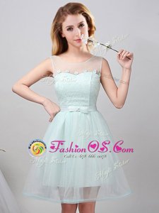 Fashion Scoop Apple Green Lace Up Quinceanera Court Dresses Lace and Appliques and Belt Sleeveless Mini Length