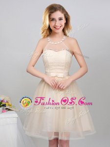 New Arrival Halter Top Mini Length Lace Up Bridesmaids Dress Champagne and In for Prom and Party and Wedding Party with Lace and Appliques and Belt