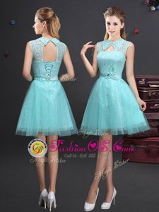Fantastic Aqua Blue A-line High-neck Sleeveless Tulle Mini Length Lace Up Lace and Appliques and Belt Wedding Guest Dresses