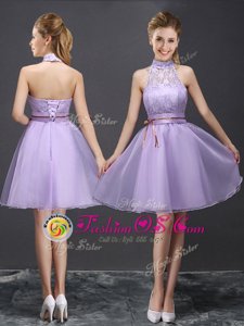 Inexpensive Halter Top Organza Sleeveless Mini Length Bridesmaid Gown and Lace and Belt