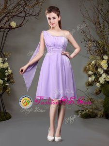 Sumptuous One Shoulder Lavender Empire Beading and Ruching Quinceanera Court of Honor Dress Zipper Chiffon Sleeveless Mini Length