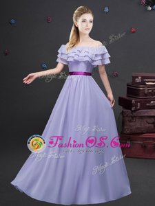 Off The Shoulder Short Sleeves Bridesmaid Dress Floor Length Ruffled Layers and Belt Lavender Chiffon