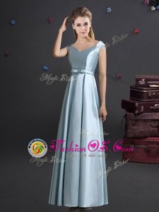 Excellent Light Blue Bridesmaid Dress Prom and Party and Wedding Party and For with Bowknot Off The Shoulder Cap Sleeves Zipper