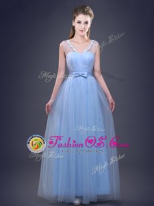 Unique Light Blue Sleeveless Appliques and Ruching and Bowknot Floor Length Bridesmaid Dresses