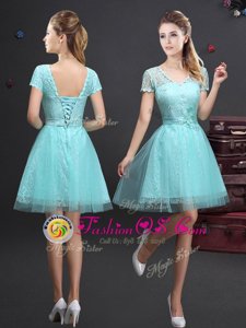 Aqua Blue Lace Up Bridesmaid Dress Lace and Appliques and Belt Short Sleeves Mini Length