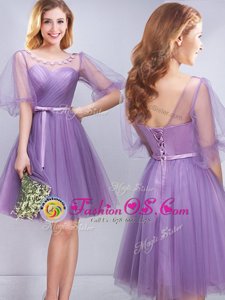 Inexpensive Scoop Half Sleeves Tulle Vestidos de Damas Appliques and Ruching and Belt Lace Up