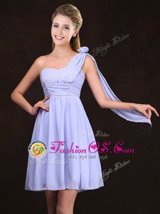 One Shoulder Ruching and Hand Made Flower Quinceanera Court Dresses Lavender Zipper Sleeveless Mini Length