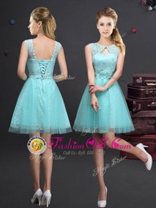 Artistic Champagne A-line Scoop Sleeveless Tulle Mini Length Lace Up Lace and Appliques and Belt Bridesmaids Dress
