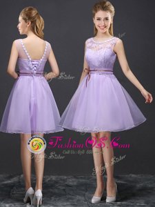 Lavender A-line Scoop Sleeveless Organza Mini Length Lace Up Lace Wedding Party Dress