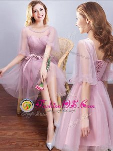 Attractive Scoop Half Sleeves Mini Length Lace Up Damas Dress Pink and In for Prom and Party and Wedding Party with Ruching and Bowknot