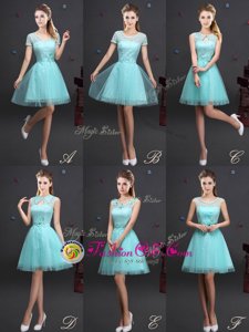 Aqua Blue Tulle Lace Up High-neck Sleeveless Mini Length Wedding Guest Dresses Beading and Lace and Appliques and Belt