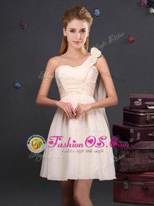 Champagne Empire Chiffon One Shoulder Sleeveless Ruching and Hand Made Flower Mini Length Zipper Quinceanera Dama Dress