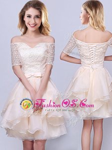 Great Off the Shoulder Champagne Short Sleeves Organza Lace Up Dama Dress for Quinceanera for Prom and Party and Wedding Party