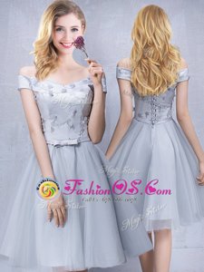 Stunning Off the Shoulder Grey Sleeveless Appliques and Belt Knee Length Wedding Guest Dresses