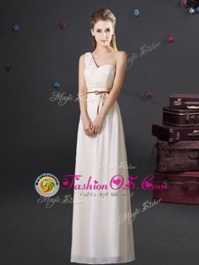 Hot Selling One Shoulder White Lace Up Wedding Party Dress Lace and Appliques and Belt Sleeveless Floor Length