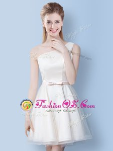 Superior One Shoulder Knee Length White Quinceanera Court of Honor Dress Tulle Sleeveless Bowknot