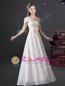White Empire Chiffon One Shoulder Sleeveless Lace and Bowknot Floor Length Zipper Wedding Party Dress