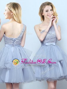 Grey A-line Organza One Shoulder Sleeveless Lace and Ruffles and Belt Mini Length Lace Up Quinceanera Dama Dress