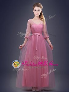 Pink Half Sleeves Floor Length Ruching and Bowknot Lace Up Bridesmaids Dress