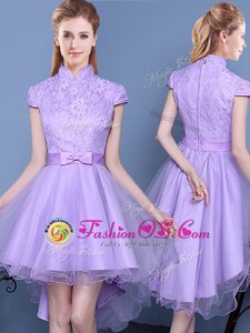 Excellent Short Sleeves Lace and Bowknot and Belt Zipper Quinceanera Dama Dress