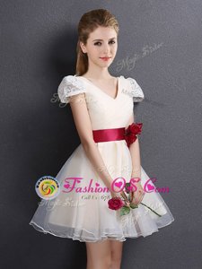 Affordable Champagne Organza Lace Up V-neck Short Sleeves Mini Length Bridesmaid Dress Lace and Hand Made Flower