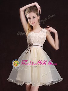 Adorable Champagne One Shoulder Lace Up Appliques and Belt Bridesmaid Dresses Sleeveless