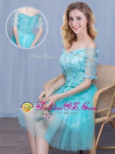 Fashion Off the Shoulder Knee Length Empire Short Sleeves Aqua Blue Bridesmaid Dress Lace Up