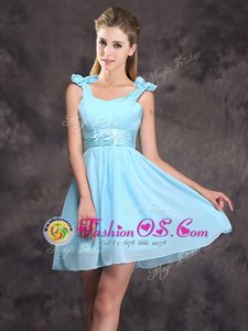 Graceful Chiffon Straps Sleeveless Zipper Ruching and Bowknot Bridesmaid Dress in Baby Blue