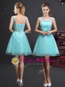 Fantastic Scoop Aqua Blue Lace Up Quinceanera Court of Honor Dress Beading and Lace and Appliques and Belt Sleeveless Mini Length