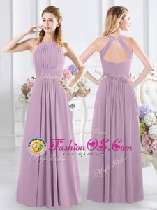 Exquisite Halter Top Sleeveless Chiffon Floor Length Zipper Quinceanera Court Dresses in Lavender for with Ruching