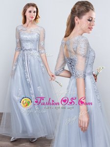 Scoop Short Sleeves Appliques and Belt Wedding Party Dress Grey Lace Up Half Sleeves Floor Length