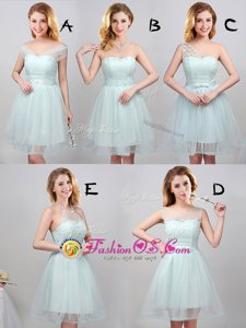 Off the Shoulder Apple Green A-line Lace and Appliques and Belt Bridesmaids Dress Lace Up Tulle Sleeveless Mini Length