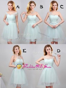 Off the Shoulder Apple Green A-line Lace and Appliques and Belt Bridesmaids Dress Lace Up Tulle Sleeveless Mini Length