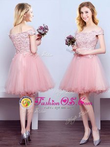 Pink Lace Up Off The Shoulder Beading and Lace Court Dresses for Sweet 16 Tulle Sleeveless