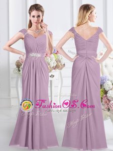 Free and Easy Cap Sleeves Chiffon Floor Length Zipper Vestidos de Damas in Lavender for with Beading and Ruching