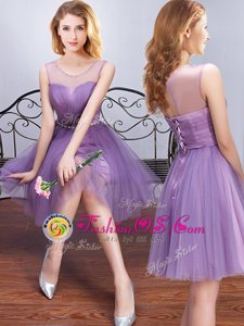 Pretty Scoop Lavender Sleeveless Tulle Lace Up Wedding Party Dress for Prom and Party and Wedding Party